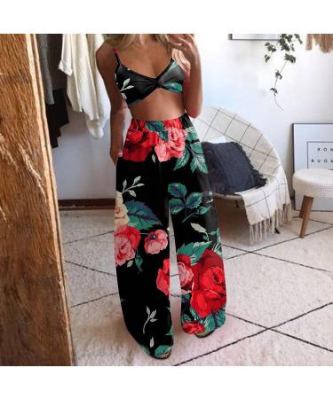 Pieces Leg Women Pants Set - Black Boho Wide Crop Top & Loose Pants Suit (Size L) - Buy Online on GoSupps.com