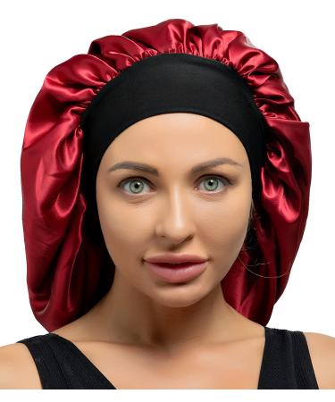 Wide Cotton Band Large Satin Bonnet for Black Women Double Layer Silk Bonnet for Sleeping Curly Natural Hair (Large  Wine) Large Wine