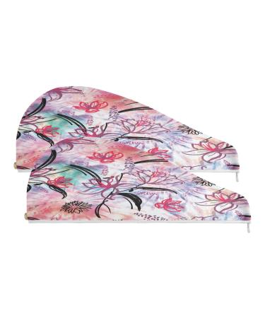 Flower Print Dry Hair Cap 2 Piece Quick Drying Towel Set with Button Headband Super Absorbent Soft & Comfortable