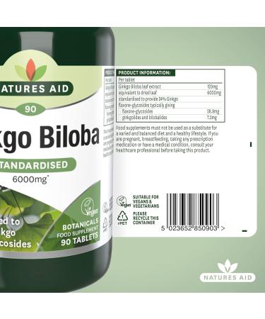 Natures Aid Ginkgo Biloba 6000 mg Equivalent Vegan 90 Tablets Single - Buy Online on GoSupps.com