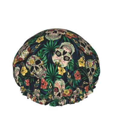 Sugar Skull Shower Cap For Women  Reusable Waterproof Shower Caps  Double Layer Bath Cap With Peva Lining & Elastic Band For Women Girls Long Hair