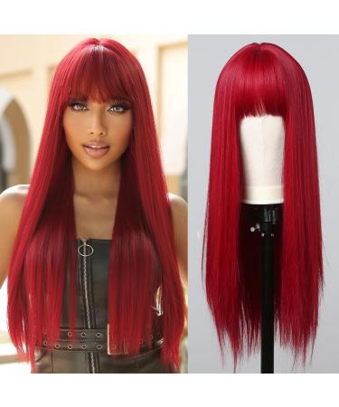 Allbell Long Straight Red Wig with Bangs Natural Looking Synthetic Wigs for Women - Buy Online on GoSupps.com