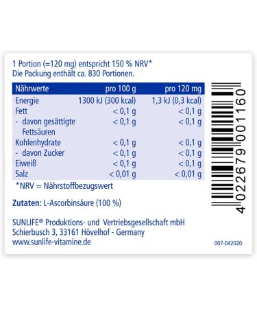 Sunlife Vitamin C Powder 100g - High Dose Pure L-Ascorbic Acid with Lemon Taste - Immune Support & Cell Protection Dietary Supplement - Includes Measuring Spoon - Buy Online on GoSupps.com