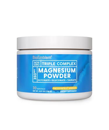 BioEmblem Triple Magnesium Powder Drink - 350mg High Absorption Magnesium Glycinate Gluconate Taurate & GABA for Rest Sleep & Brain Health - Passionfruit Mango Flavor - Vegan - (30 Servings) 4.87 Ounce (Pack of 1)