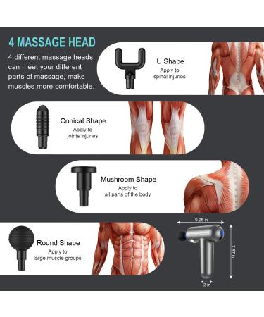 Deep Tissue Percussion Muscle Massage Gun - USB Rechargeable Handheld Electric Massager for Athletes - Super Quiet 6 Speed High-Intensity Vibration - 4 Message Heads - Gray - Buy Online on GoSupps.com