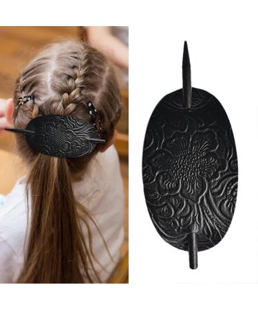 Leather Hair Barrettes - Hair Barrette with Stick | Vintage Faux Leather Hair Clips | Oval Shape Leather Ponytail Holders | Ponytail Hair Clip Hairpin with Retro Style | Hair Slider for Women Girls black - Buy Online on GoSupps.com