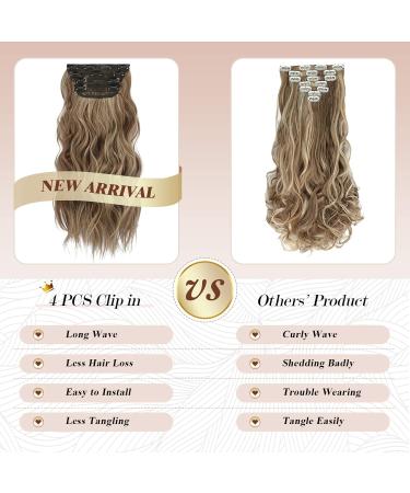 Feshfen 4PC Clip In Hair Extensions - Caramel Brown & Ash Blonde Wavy Synthetic Hair - 50cm for Women - Buy Online on GoSupps.com