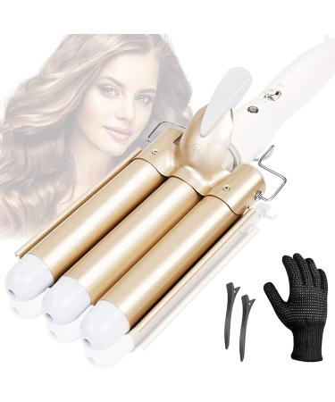 Hair Curling Wands, 3 Barrel 1 Inch Ceramic Tourmaline Curling Irons with 2 Temperature Control and Dual Voltage for All Hair Types Crimper Beach Waving Styling (Gold)