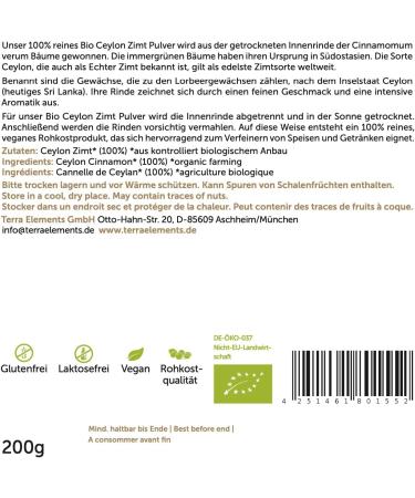 Terra Elements Organic Ceylon Cinnamon Powder - 200g | 100% Pure Vegan Raw Food Spice - Buy Online on GoSupps.com
