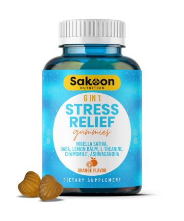 6-in-1 Stress Relief Gummies 60ct - Aids Relaxation with Ashwagandha, GABA, L-theanine, Lemon Balm, Chamomile, Black Cumin Seed Nigella Sativa. Improved Deep Sleep, Immunity, Wellness
