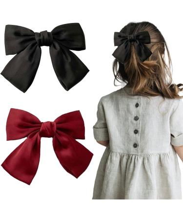 Hair Clip with Bow Bow Hair Women's Hair Bows French Large Bow Hair Clips Hair Clip for Girls Soft Silky Satin Hair Clip for Party Women (Black Red) - Buy Online on GoSupps.com