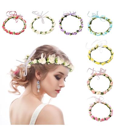Flower Crown Flower Girl Hair Accessories Festival Accessories Hen Party Accessories Flower Headband with Ribbon for Women or Girls (White) - Buy Online on GoSupps.com