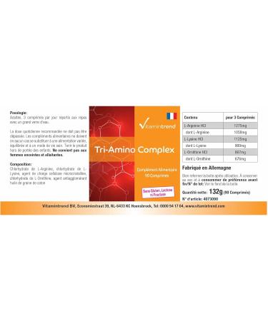Tri Amino Complex - Amino Acid Complex with Arginine Ornithine and Lysine - Vegan - Magnesium Stearate Free - 90 Tablets | Vitamintrend  - Buy Online on GoSupps.com