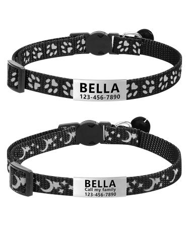 LaReine 2 Pack Cat Collar Personalized, Breakaway Kitten Collar with Phone and Name tag, Cat Collars Reflective with Bell for Girls & Boys 7.5"-12.5" Neck Black