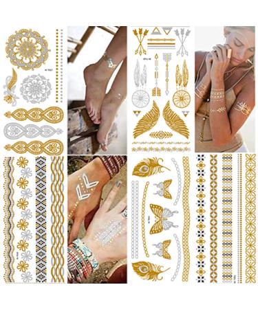 Temporary Tattoos Henna Metallic Temporary Tattoos for Women Teen Girls 8Sheets Gold Glitter Shimmer Designs Jewelry Fake Tattoo Stickers Flash Waterproof Tattoos Body Makeup Supplies