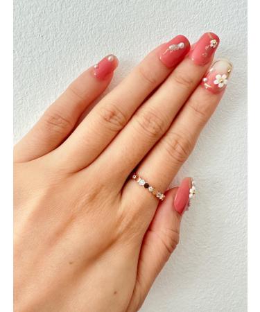 Short Squoval Pearl Shine Pink White Daisy Flower Fake Press On Nail Set