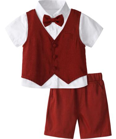 mintgreen Baby Boys 3 Pieces Outfit Gentleman Suit Set Shirt & Bowtie & Waistcoat & Shorts Size:1-6 Years 3-4 Years Red