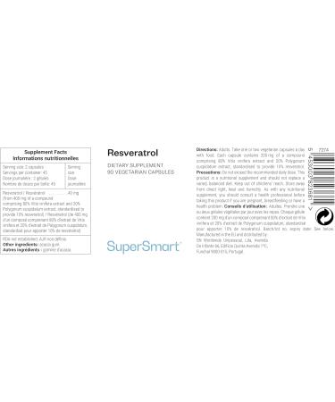 Supersmart Resveratrol 20 mg - Antioxidant Vitis Extract & Polygonum Cuspidatum - 90 Vegetarian Capsules - GVO-Free - Shop Internationally - Buy Online on GoSupps.com