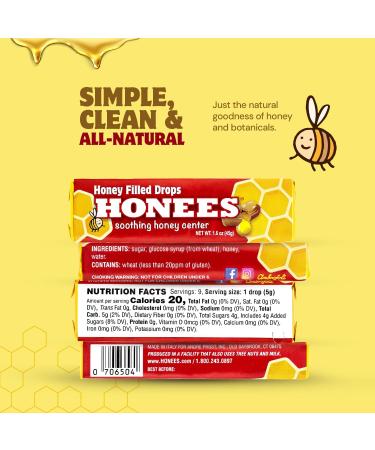 Honees Honey Filled Drops, Honey Cough Drops with Real Honey-Natural Sore Throat Relief-Nothing Artificial-Throat Coat Lozenges, Natural Cough Suppressant, Non-GMO (6 Pack 54 Drops) Honey 6 Pack-54 Drops - Buy Online on GoSupps.com