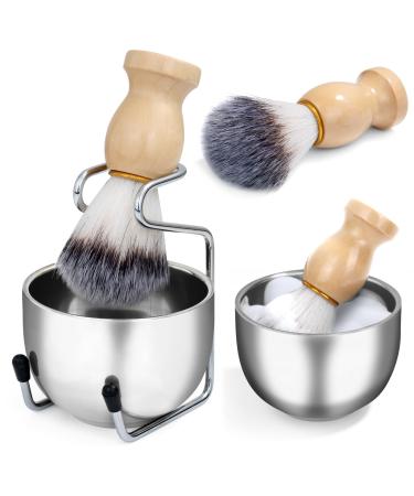 Men's razor brush and bowl set 3-in-1 shaving brush set wooden handle with stainless steel rasi and brushes perfect shaving gift set for father husband friend birthday Valentine's Day