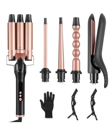5 in 1 Hair Curling Iron Wand Set PTC Fast Heating Hair Crimper Professional Hair Styling Tools LCD Temp Control with Hair Straightener Ceramic 3 Barrel Hair Waver Surprise Gift for Women Girl 5-in-1