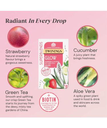 Twinings Superblends Glow Tea - Strawberry & Cucumber Green Tea with Aloe Vera & Biotin - 80 Biodegradable Tea Bags for Skincare & Hair Care - Buy Online on GoSupps.com