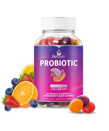 BeLive Probiotic Gummies - Probiotics with 5 Billion CFUs for Digestive Health Men Women & Kids - for Immune Support Sugar Free & Vegan | 60 Ct Blueberry Strawberry & Orange 1