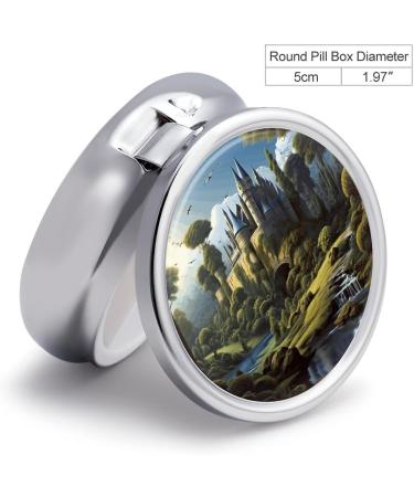 Round Pill Box with Woods and Castle Print - 3 Compartment Metal Pill Organizer | Portable Decorative Pocket Pill Case Style-43 - Buy Online on GoSupps.com