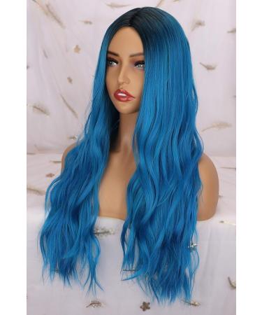 Colorfulpanda Long Blue Ombre Wavy Wig for Women - 26 Inches, Heat Resistant Synthetic Hair with Dark Roots - Perfect Pastel Curly Style - Buy Online on GoSupps.com