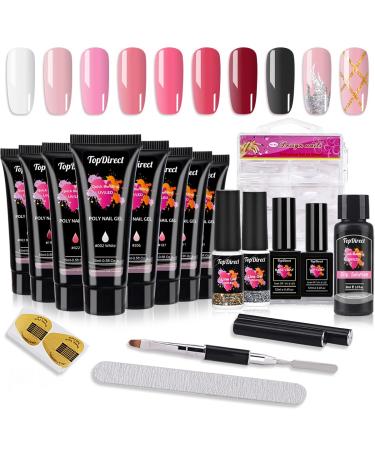 TopDirect Poly Gel Nail Kit 8 Colours Poly Gel 15 ml with Gold & Silver Liner Gel Polish 100 False Nail Tips Base Top Coat Builder Gel Nail Kit Full Set for Beginners Gift for Women Red