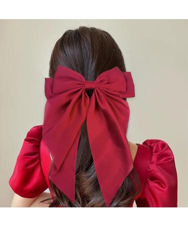 2PCS Big Bow Hair Clips soft Silk Smooth Satin Hairpin Long Tail French Ribbon Hairpin long Tail French Hair Bows for Women Girl For Birthdays Parties Performances Christmas Thanksgiving And Daily Wear (Wine Red and White) - Buy Online on GoSupps.com