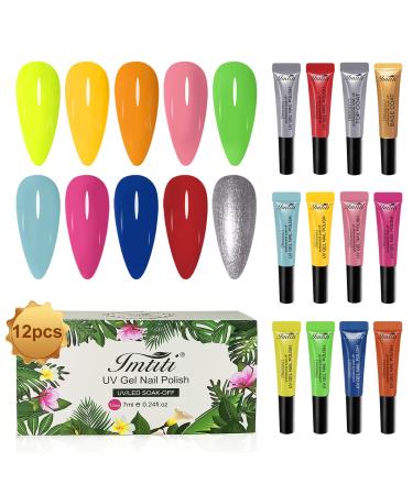 Gel Nail Polish Kit Imtiti 12 Pcs Neon Gel Nail Polish Set with Base and Glossy Top Coat Green Pink Blue Red Colors Glitter Gel Nail Polish Soak Off U V Long Lasting DIY Nail Art Gel Polish Starter Home for Women Girls(7...