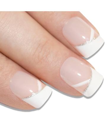 Bling Art False Nails French Manicure White Glitter 24 Medium Tips UK Glitter White Stars