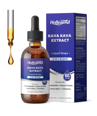HOLLEGEND Kava Kava Root Extract Liquid Drops 5 in 1 Blend with Ashwagandha Lemon Balm L-Theanine Kava Tincture Supplement for Stress Relief Sleep Brain Health 2 Fl Oz