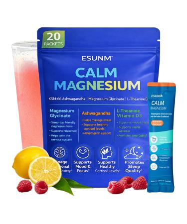 ESUNM Calm Magnesium Drink Mix Packets Magnesium Glycinate with KSM-66 Ashwagandha L-Theanine GABA Saffron & Vitamin D3 Relaxation Mood & Sleep Support Raspberry Lemonade 20 Stick Packs