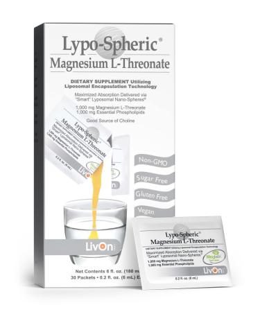Lypo-Spheric Magnesium L-Threonate 30 Packets 77 mg Magnesium Per Packet Liposome Encapsulated for Maximum Bioavailability Professionally Formulated & 100% Non-GMO