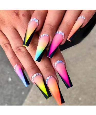 QINGGE Colorful Press on Nails Long Length Coffin Fake Nails with Gradient Rhinestones Design Luxury Glossy Matte Acrylic Nails Stick on Nails Tips Glue on Nails False Nails for Women 24Pcs 10 Colorful Gradient