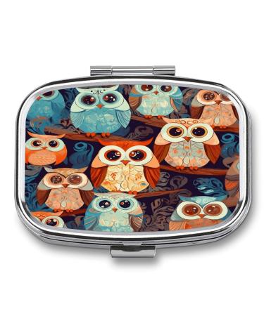 Pill Box Anime Owl Print 2 Compartment Medicine Pill Case Pill Organizer Decorative Metal Portable Pill Box for Pocket Or Purse