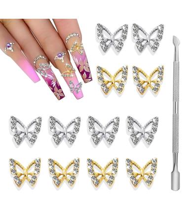 Silver Butterfly Nail Charms+Dual Head Nail Cuticle Pusher 3D Nail Charms Butterflies Shape Nail Gems Butterfly Decorations Alloy Butterfly Nail Art Charms Supplies DIY Manicure Design
