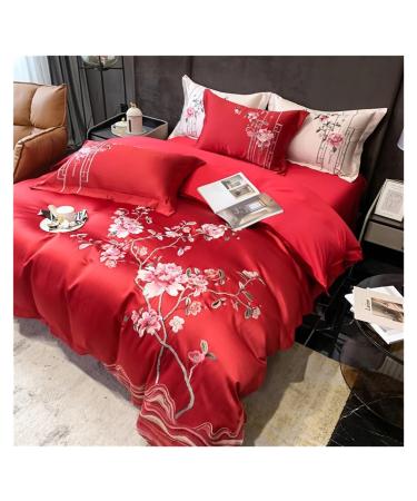 Precision Brocade Egyptian Cotton Luxury Chinese Style Flower Embroidery Bedding Set Silky Duvet Cover Bed Sheet Pillowcase Soft (B 4Pcs)