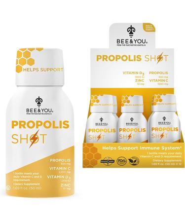 BEE and You 100% Natural Propolis Extract Shot Immune Support Supplement Antioxidants Vitamin C D3 Zinc Orange Juice Raw Honey 50 ml 12 Pack for Men and Women - Buy Online on GoSupps.com