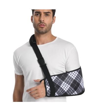 Plaid Arm Sling for Shoulder Injury with Removable Shoulder Strap Soft Embossed Fabric Shoulder Immobilizer for Men and Women Medical Arm Sling for Broken Arm Black