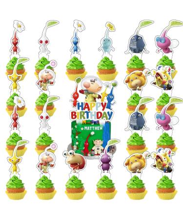 37pcs Pikmin Cake Decorations with 1pcs Captain Olimar Video Game Cake Topper 36pcs Cute Cupcake Toppers for Girls Birthday Party Decorations