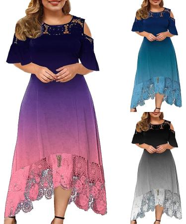 Plus Size Summer Dress for Women - Gradient Print, Lace Detail, Short Sleeve, Loose Fit - 3X-Large Purple - Buy Online on GoSupps.com