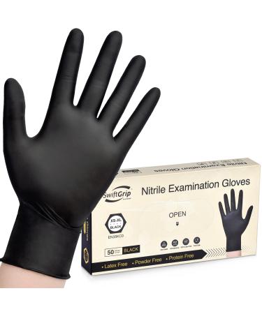 SwiftGrip Disposable Nitrile Exam Gloves 3-mil Black Nitrile Gloves Disposable Latex Free for Medical Cooking & Esthetician Food-Safe Rubber Gloves Powder Free Non-Sterile 50-ct Box (Large) Large 50