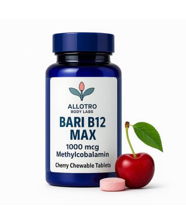 Bari B12 Max Chewable Vitamin B12 1000mcg Methylcobalamin Cherry Flavor Bariatric-Friendly Energy & Nerve Support 100 Tablets Allotro Body Labs