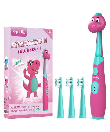 Papablic Gina Rechargeable Kids Electric Toothbrush for Ages 3+, with Cute Dino Cover, Timer and Brushing Chart, 4 Brush Heads Pink Gina
