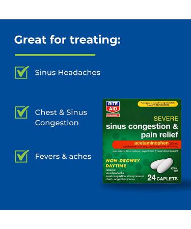 Rite Aid Daytime Severe Sinus Congestion & Pain Relief - 24 Caplets | Non-Drowsy Multi-Symptom Relief with Acetaminophen 325mg | Cold, Flu & Sinus Medicine for Adults - Buy Online on GoSupps.com