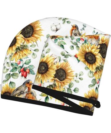 Hair Towel Wrap - Quick Drying Turban with Button | Sunflower Leaves & Birds Design - Buy Online on GoSupps.com