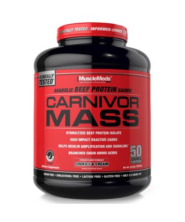 MuscleMeds Carnivor Mass Gainer Beef Protein Isolate Shake, 50 Grams Protein, 125 Grams Carbs, 0 Fat, 0 Sugar, Lactose Free, Cookies & Cream (Packaging May Vary) Cookies 6 Pound